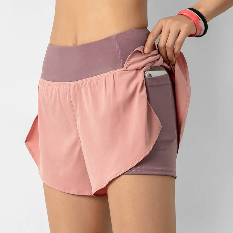 2024 Hot Sale Women's High Elasticity Fitness Shorts Ladies Quick Dry Double Layer Shorts With Pocket Summer Shorts