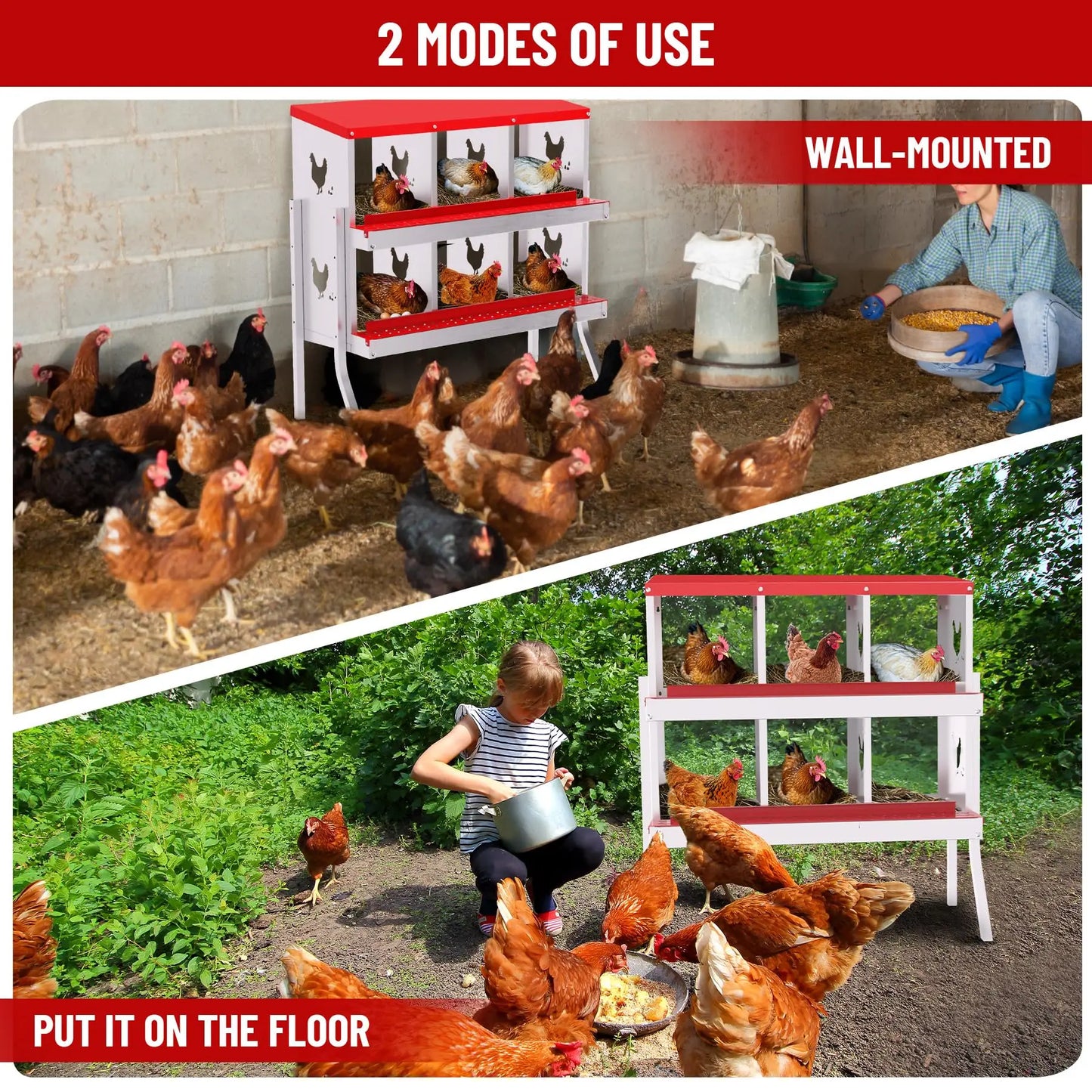 Nesting Boxes for Chickens, 6 Compartment Chicken Nesting Box with Elevated Metal Legs, Metal Chicken Laying Boxes with Perch, S