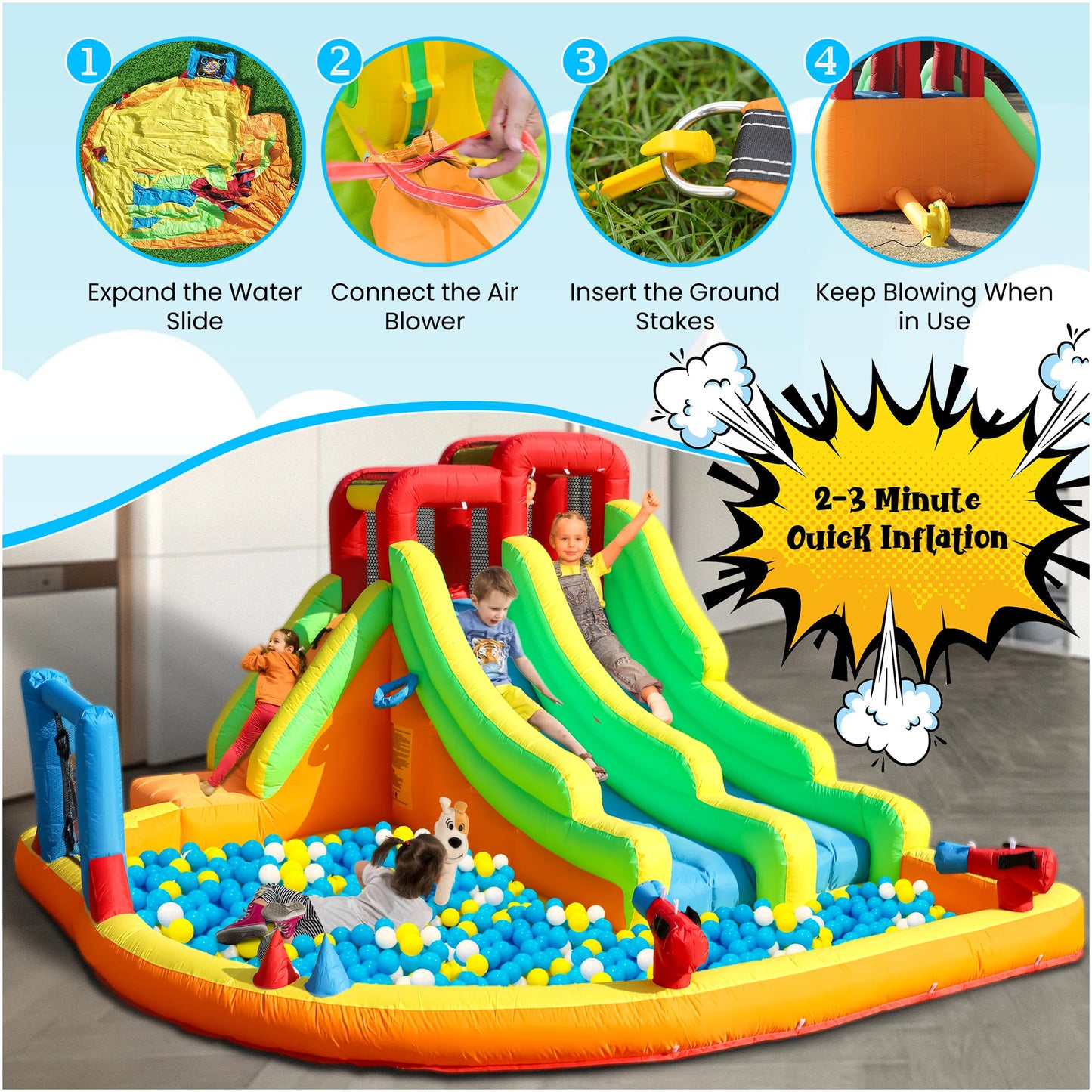 Kids Inflatable Double Water Slide Bounce House w/Water Gun Climbing Wall Dart Commercial children's playground
