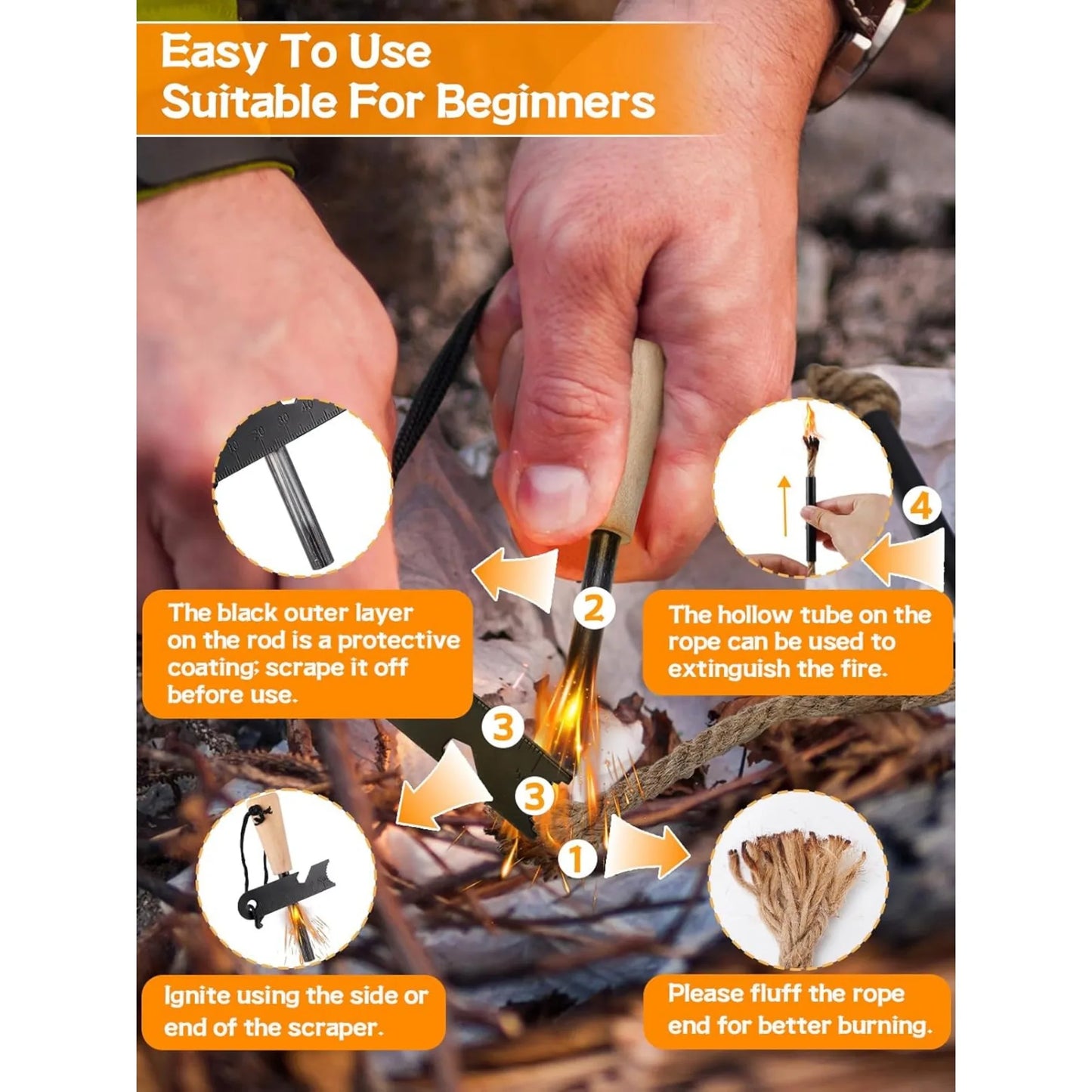 Fire Starter Survival Tool Kit with Magnesium Rod Two Wick Hemp Cords and Multifunctional Outdoor Bag