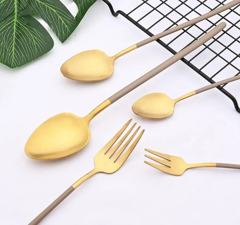 Silverware Set, 8-piece Pink Gold Stainless Steel Set(Off-White Silver,6Set)