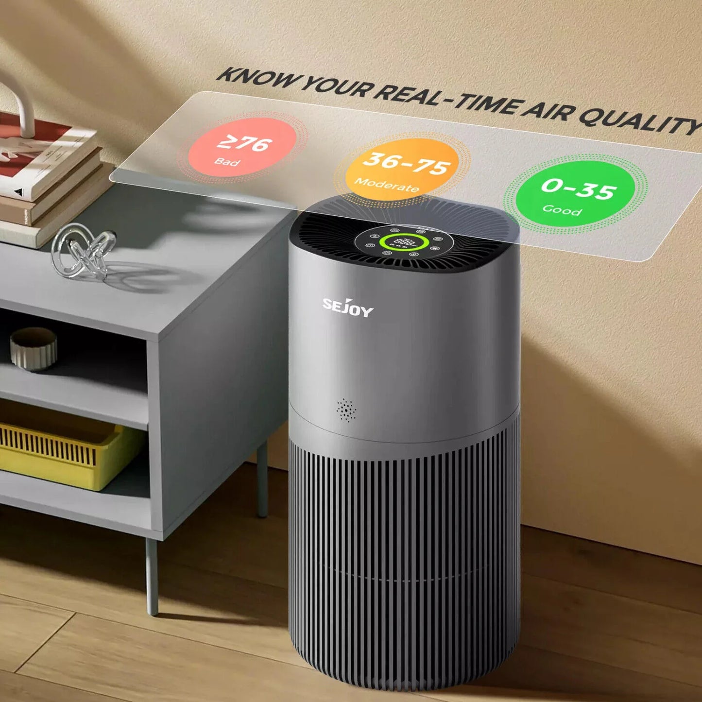 SEJOY 3 Speed HEPA Air Purifier Air Fresh for Home Allergies Dust Pollen CARB Approved Real-Time Air Quality Monitor