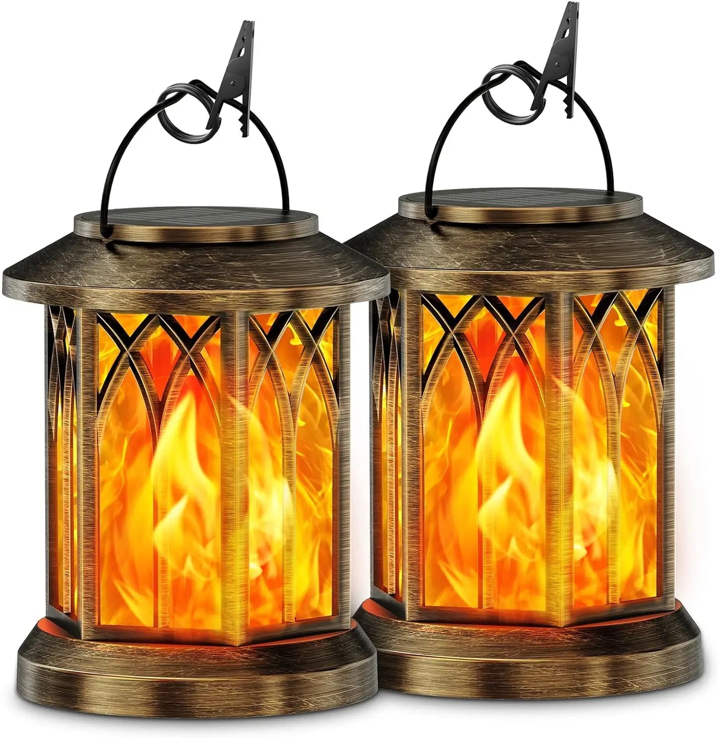 2 Pack Upgraded Flickering Flame Solar Lanterns Lights Outdoor, Solar Hanging Lights Outdoor for Garden, Bronze/Black