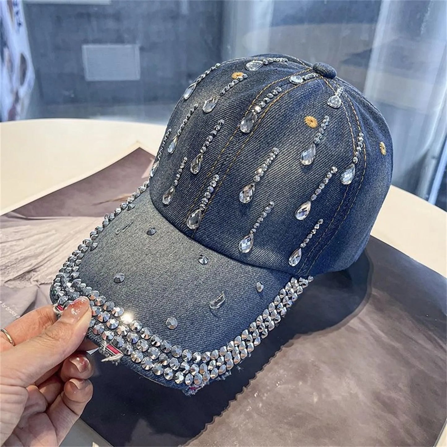 2025 Summer New Women'S Denim Diamond Baseball Cap Casual Fashion Duckbill Cap Sun Hat Strap Adjustable
