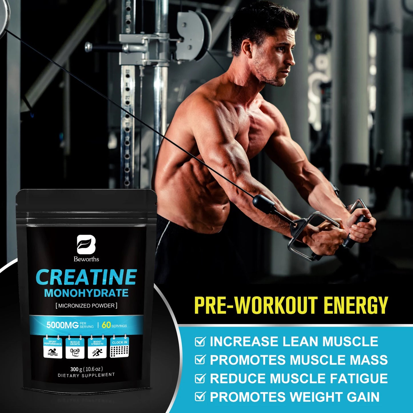 Beworths 300g Creatine Monohydrate Fitness Supplements Build Muscle Endurance Non-GMO Gluten-Free
