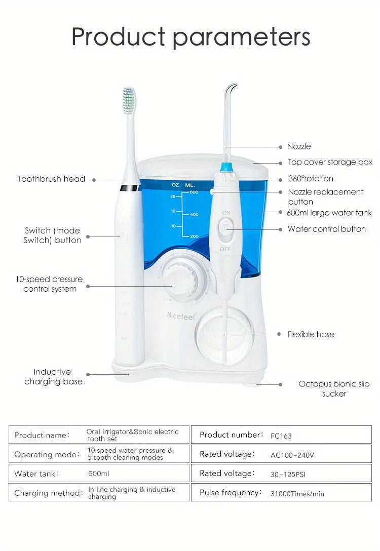 2-in-1 Electric Toothbrush Water Flosser Oral Irrigator 600ML Desktop Water Flosser Dental Irrigation with 7 Nozzles for Homeuse