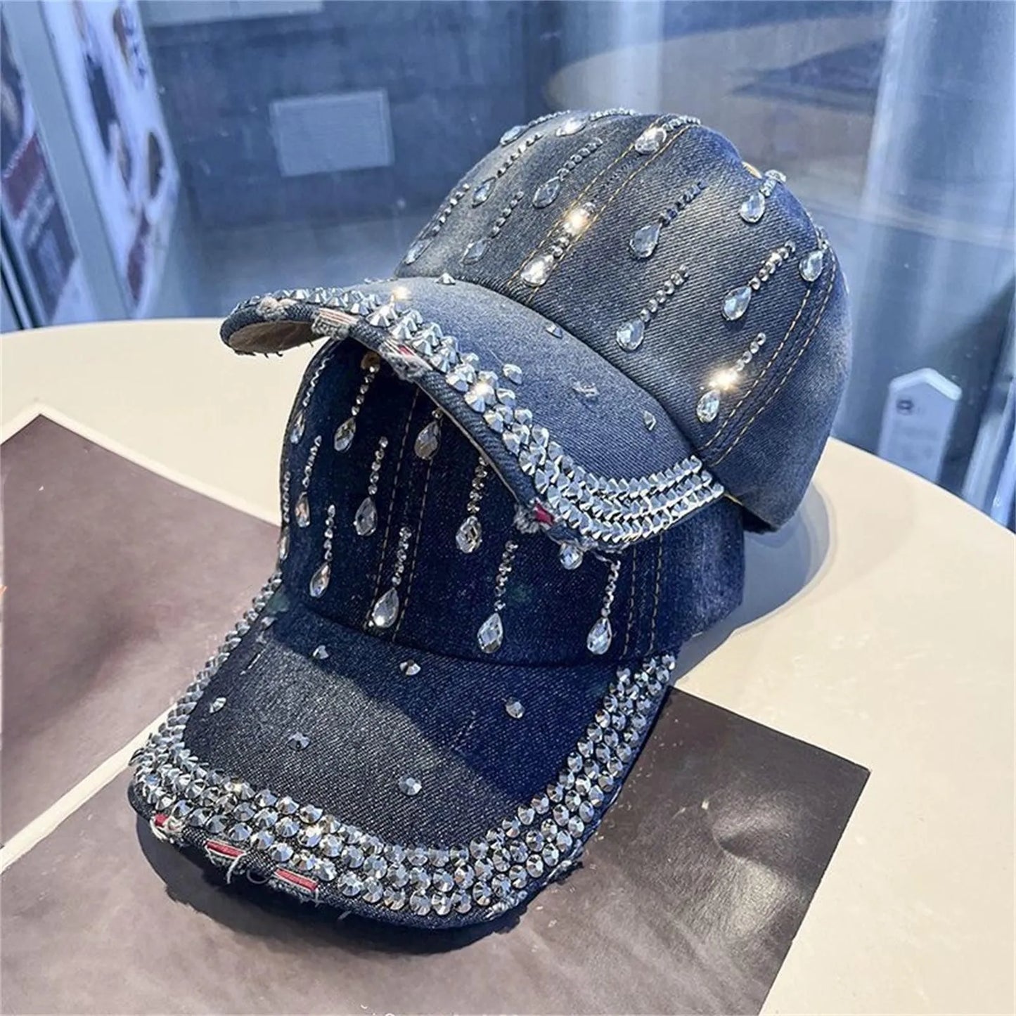 2025 Summer New Women'S Denim Diamond Baseball Cap Casual Fashion Duckbill Cap Sun Hat Strap Adjustable