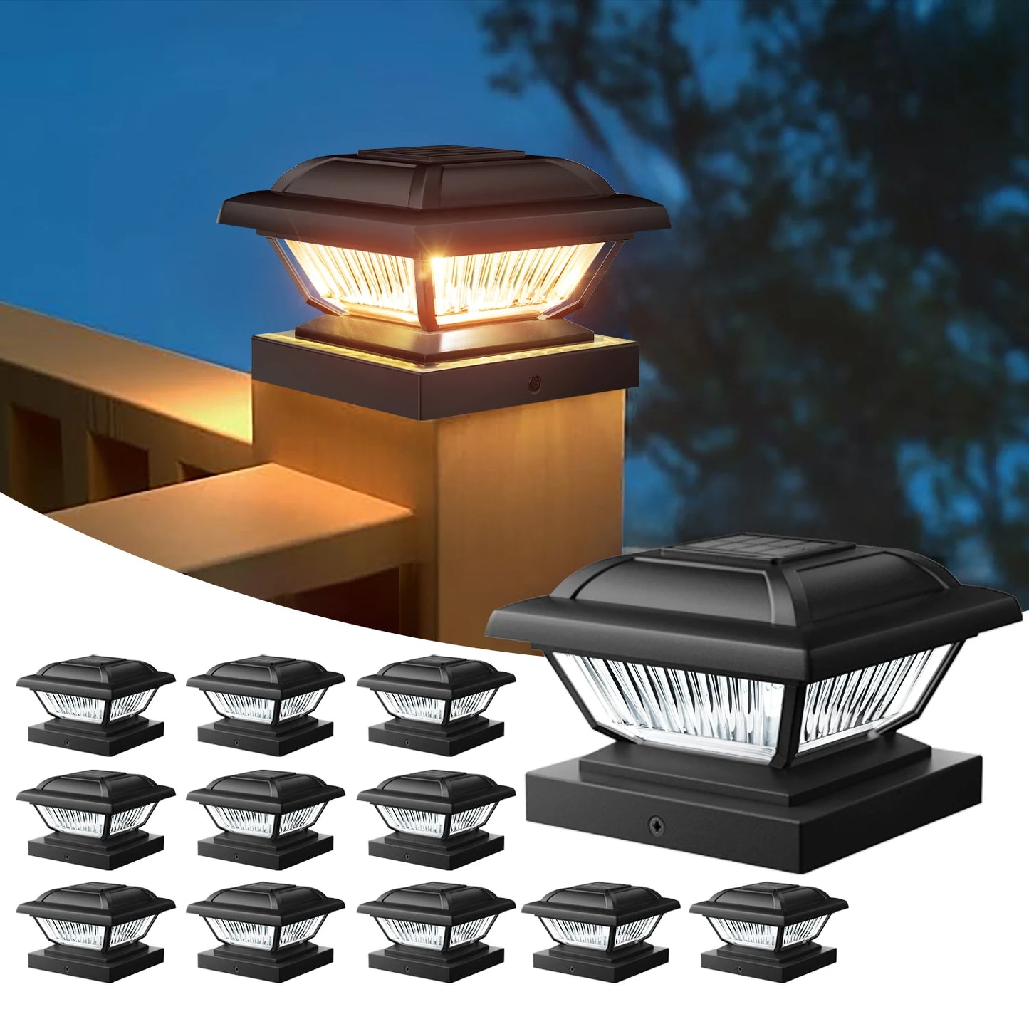 6/12 Pack Solar Post Cap Lights, White/Black, Fits 3.5x3.5-5.5x5.5 Posts for Garden/Fence/Deck/Yard