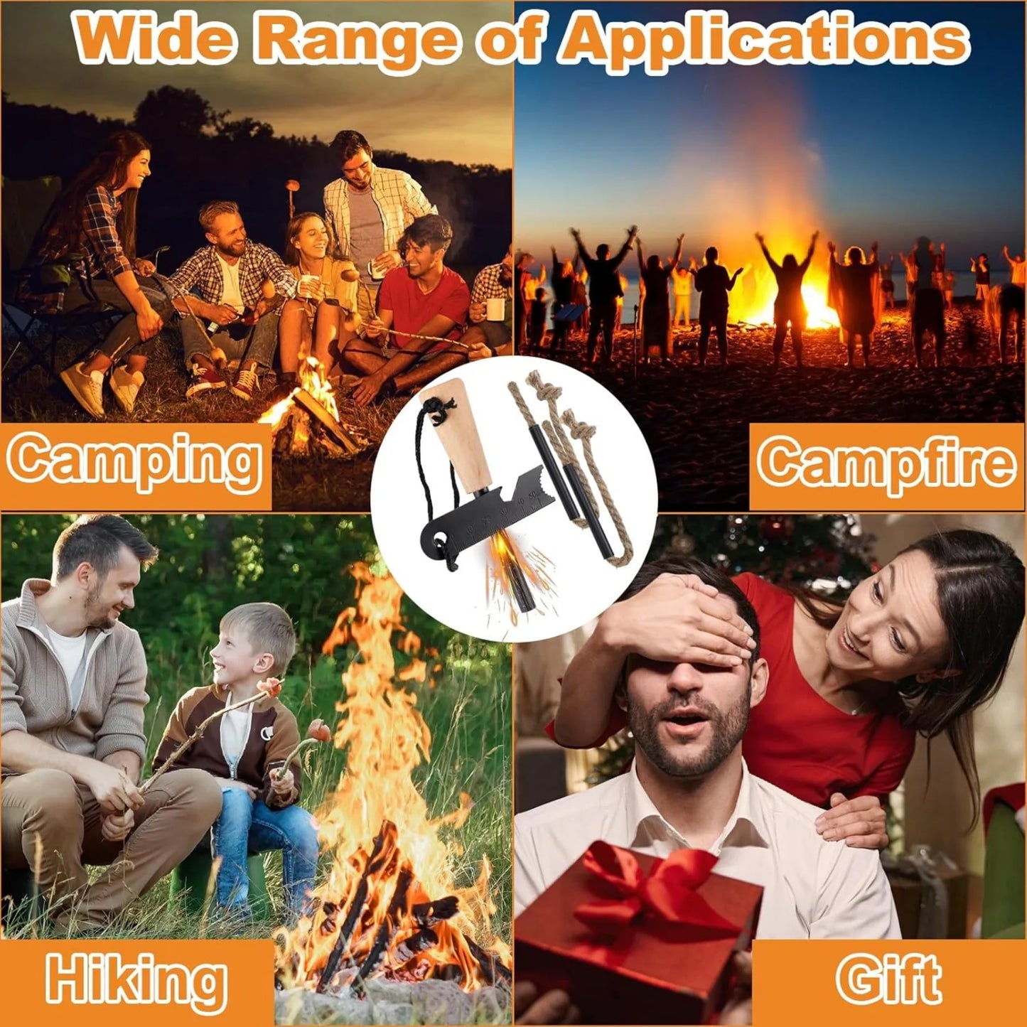 Fire Starter Survival Tool Kit with Magnesium Rod Two Wick Hemp Cords and Multifunctional Outdoor Bag