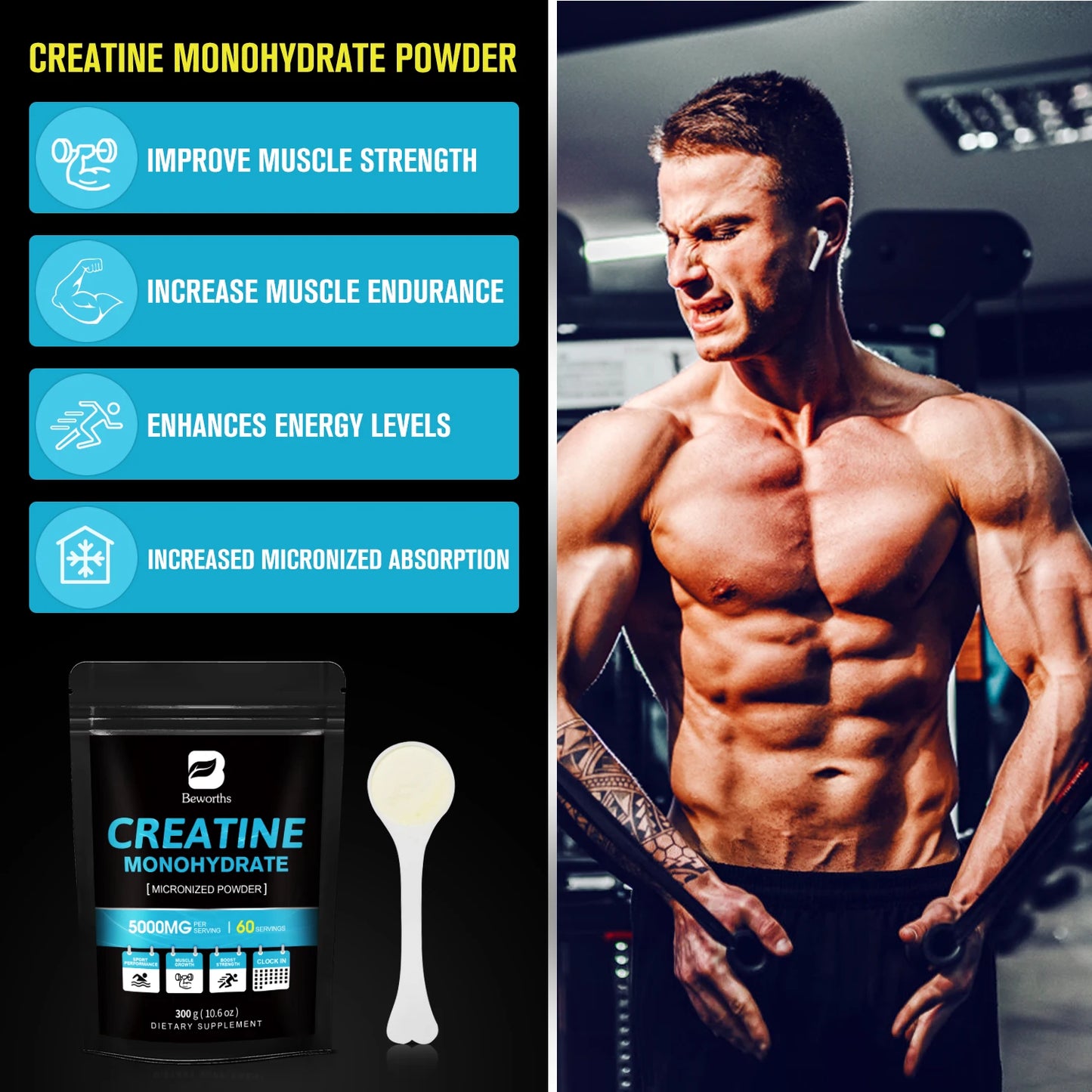 Beworths 300g Creatine Monohydrate Fitness Supplements Build Muscle Endurance Non-GMO Gluten-Free