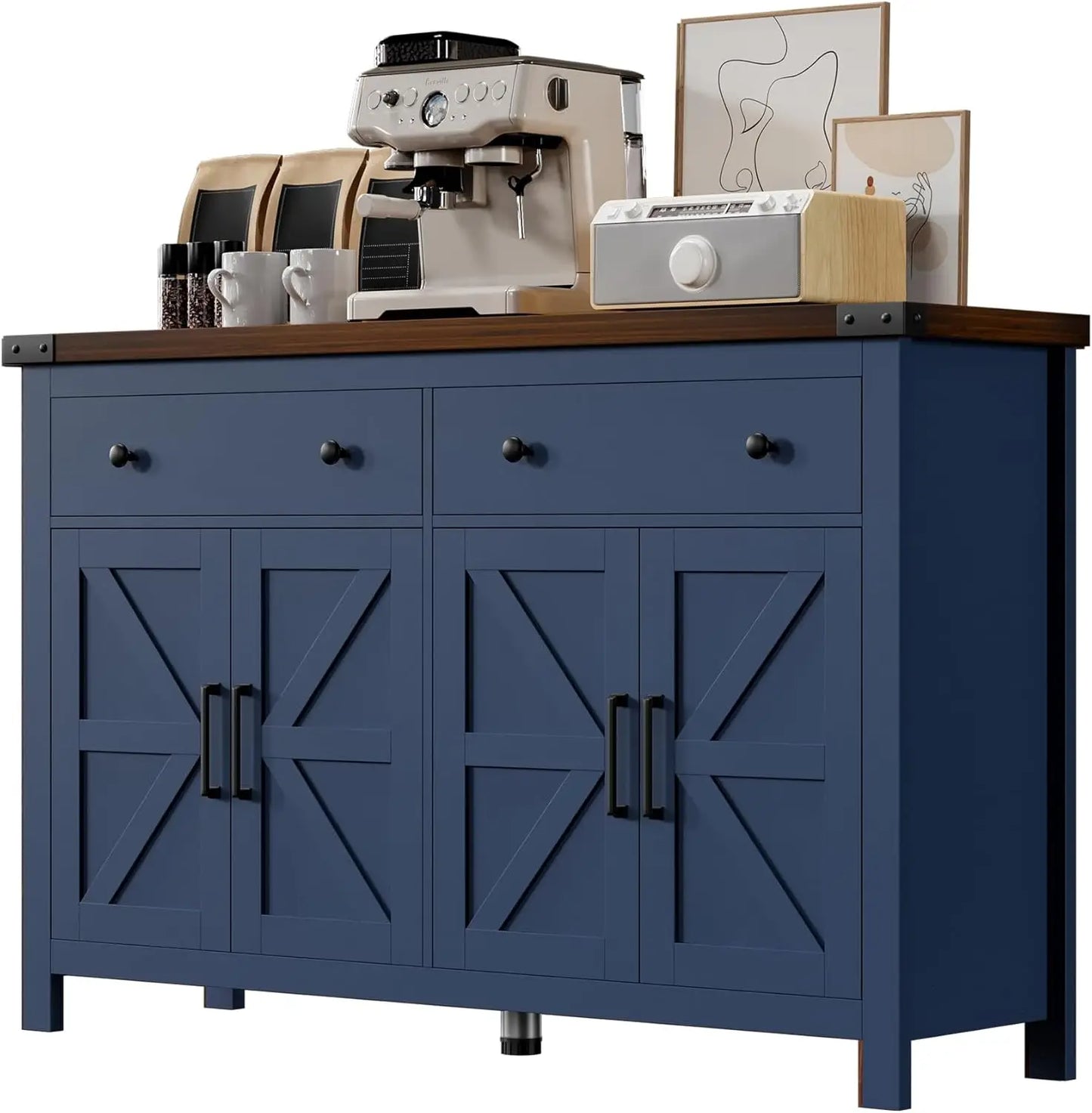 Buffet Cabinet with Storage Farmhouse with 4 Doors and 2 Drawers, 55'' Large Kitchen Storage Cabinet Cherry Wood Coffee Bar