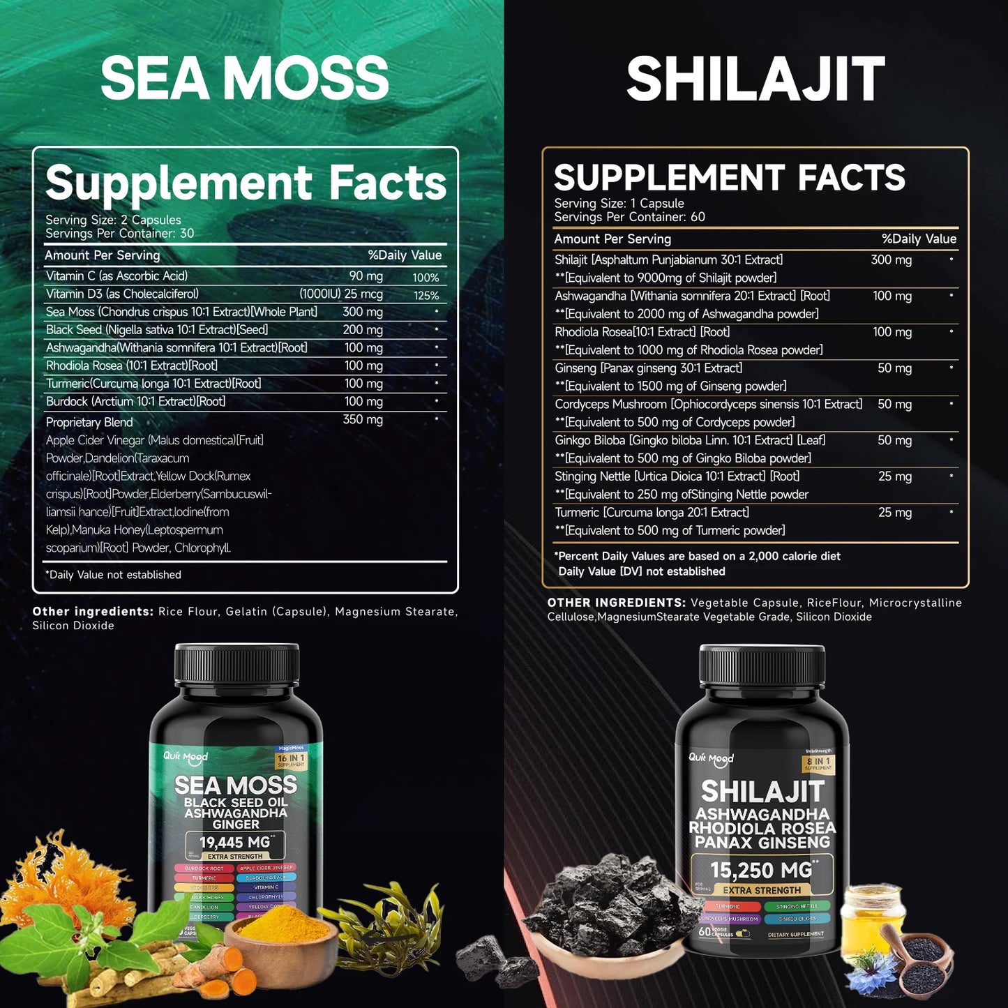 Sea Moss and Shilajit Bundle 120 Capsules with Black Seed Oil Ashwagandha Ginger Burdock Root Turmeric and Black Pepper