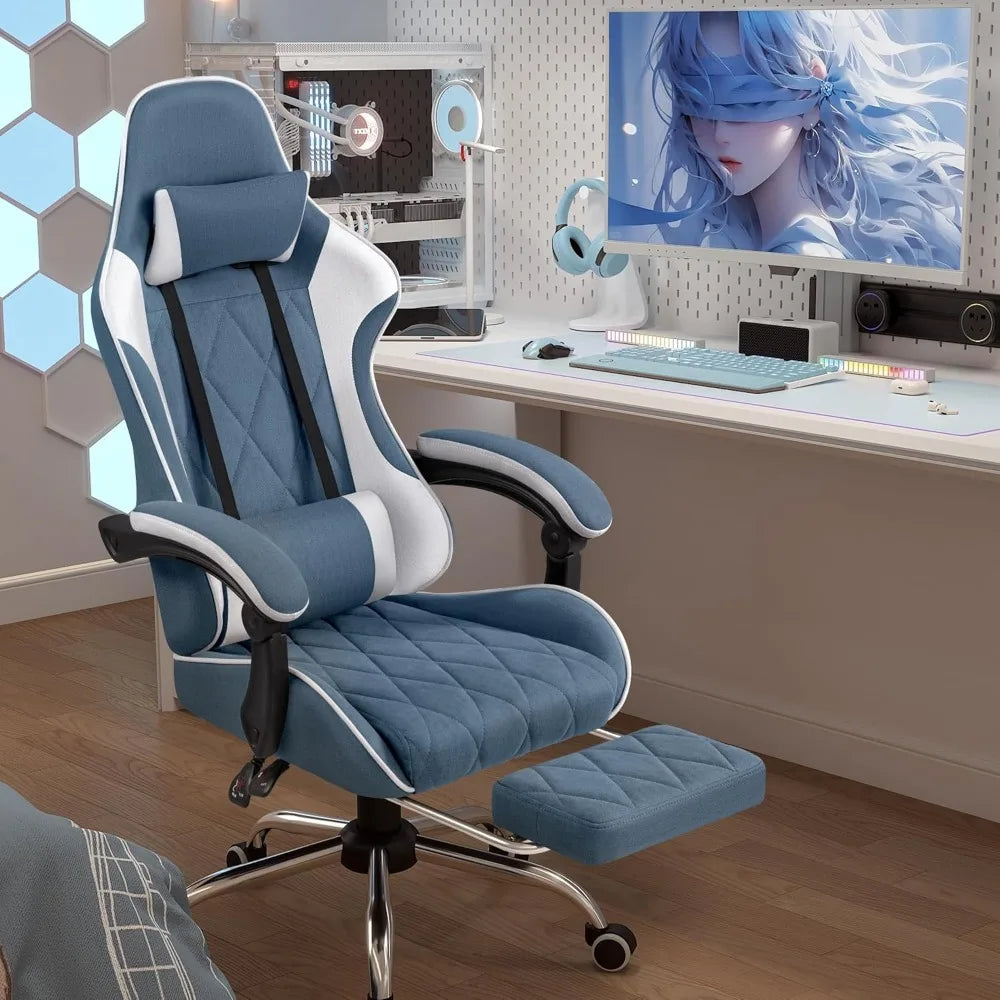 Gaming Chair, Computer Chair with Footrest and Massage Lumbar Support, Breathable Fabric High Back Video Game Chair with Swivel