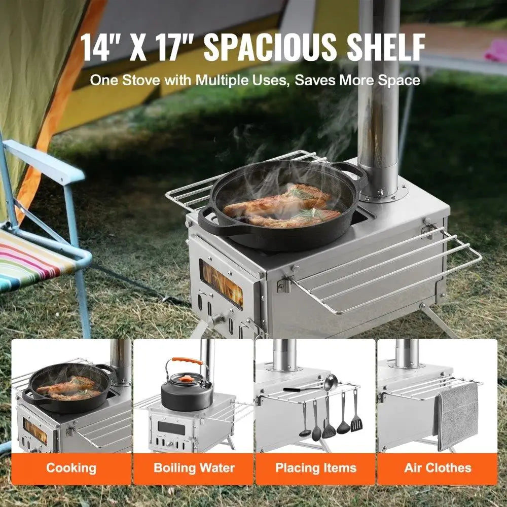 Stainless Steel Camping Wood Stove Portable Built-in Chimney 80 700in³ Firebox for outdoor Cooking Heating Multi-Functional