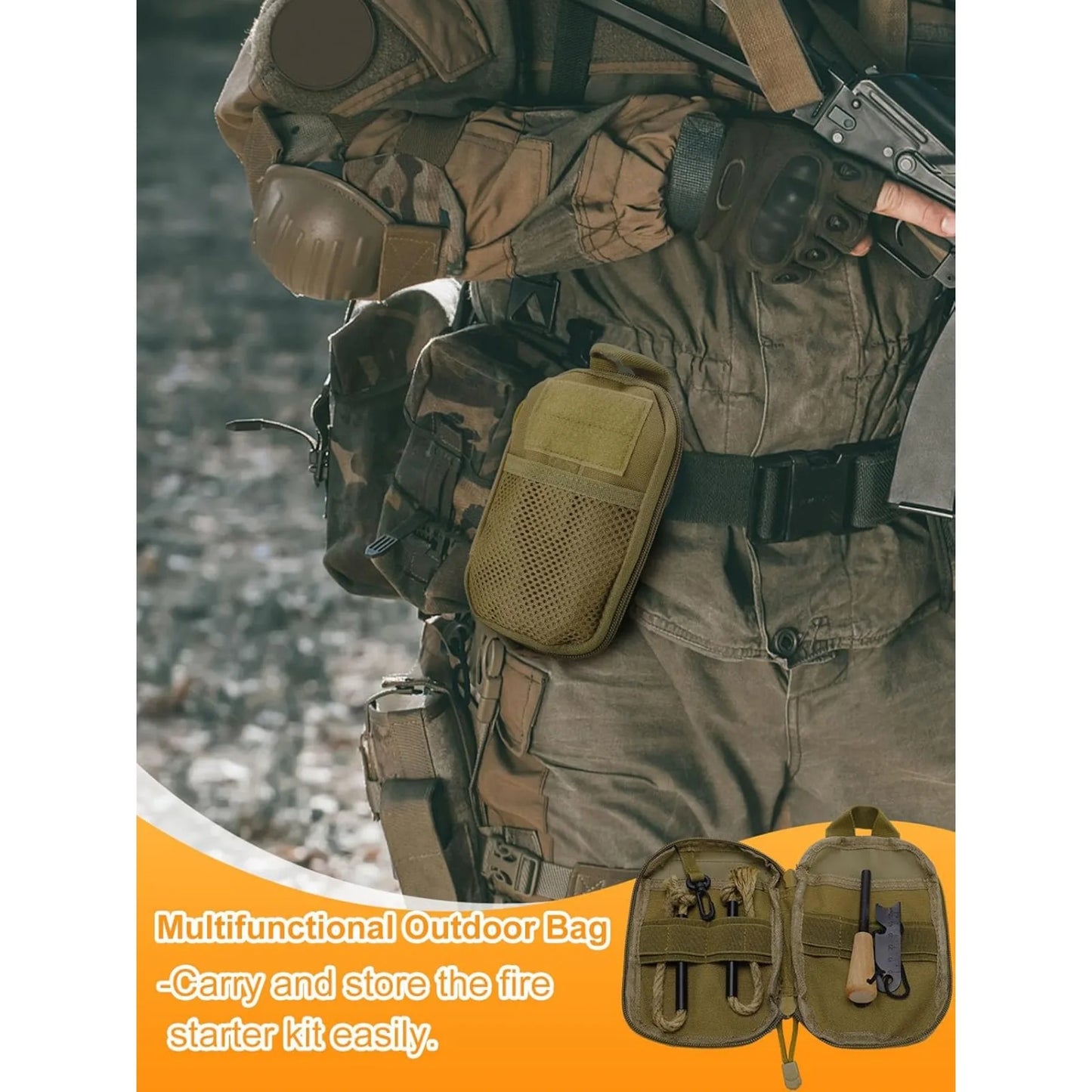 Fire Starter Survival Tool Kit with Magnesium Rod Two Wick Hemp Cords and Multifunctional Outdoor Bag
