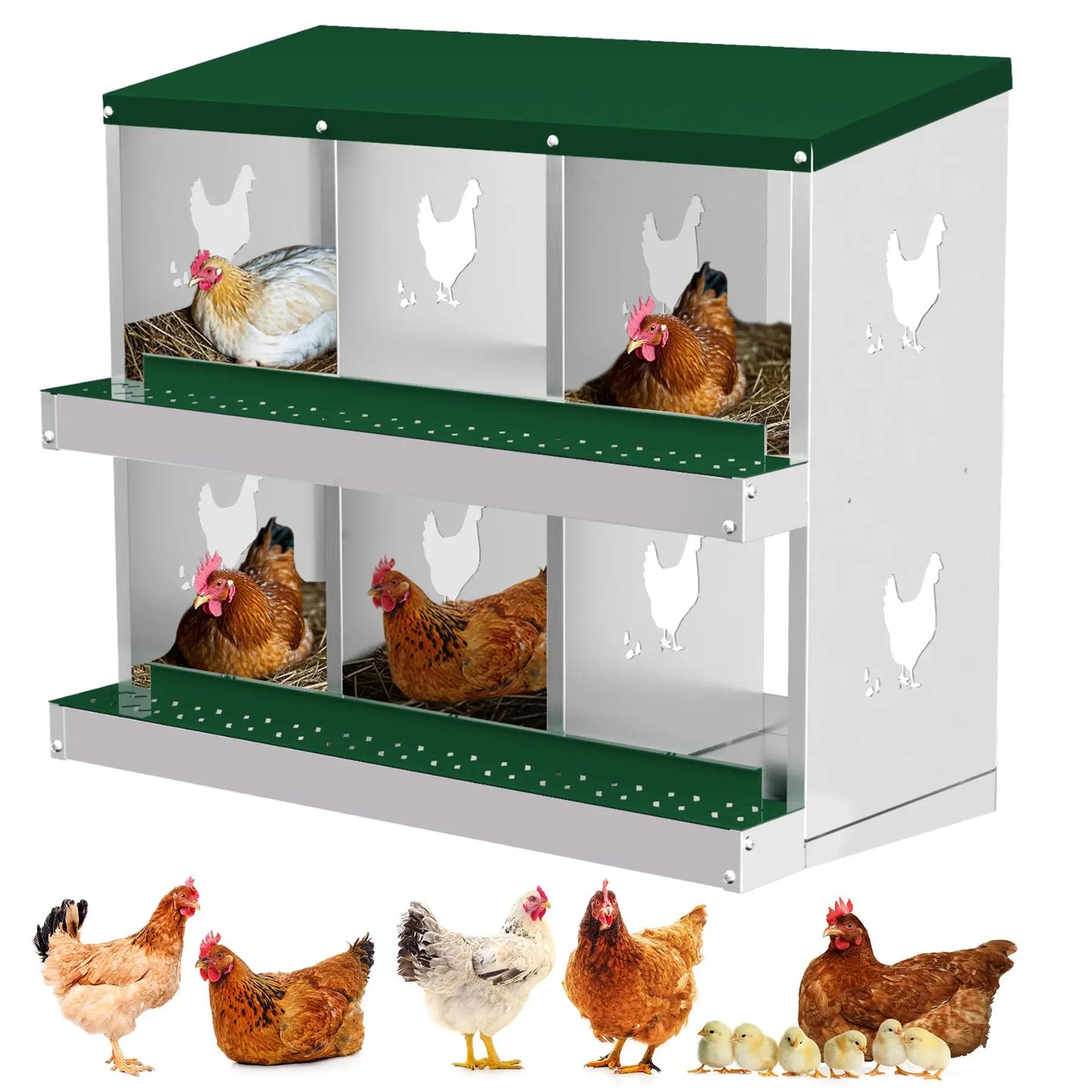 Nesting Boxes for Chickens, 6 Compartment Chicken Nesting Box with Elevated Metal Legs, Metal Chicken Laying Boxes with Perch, S