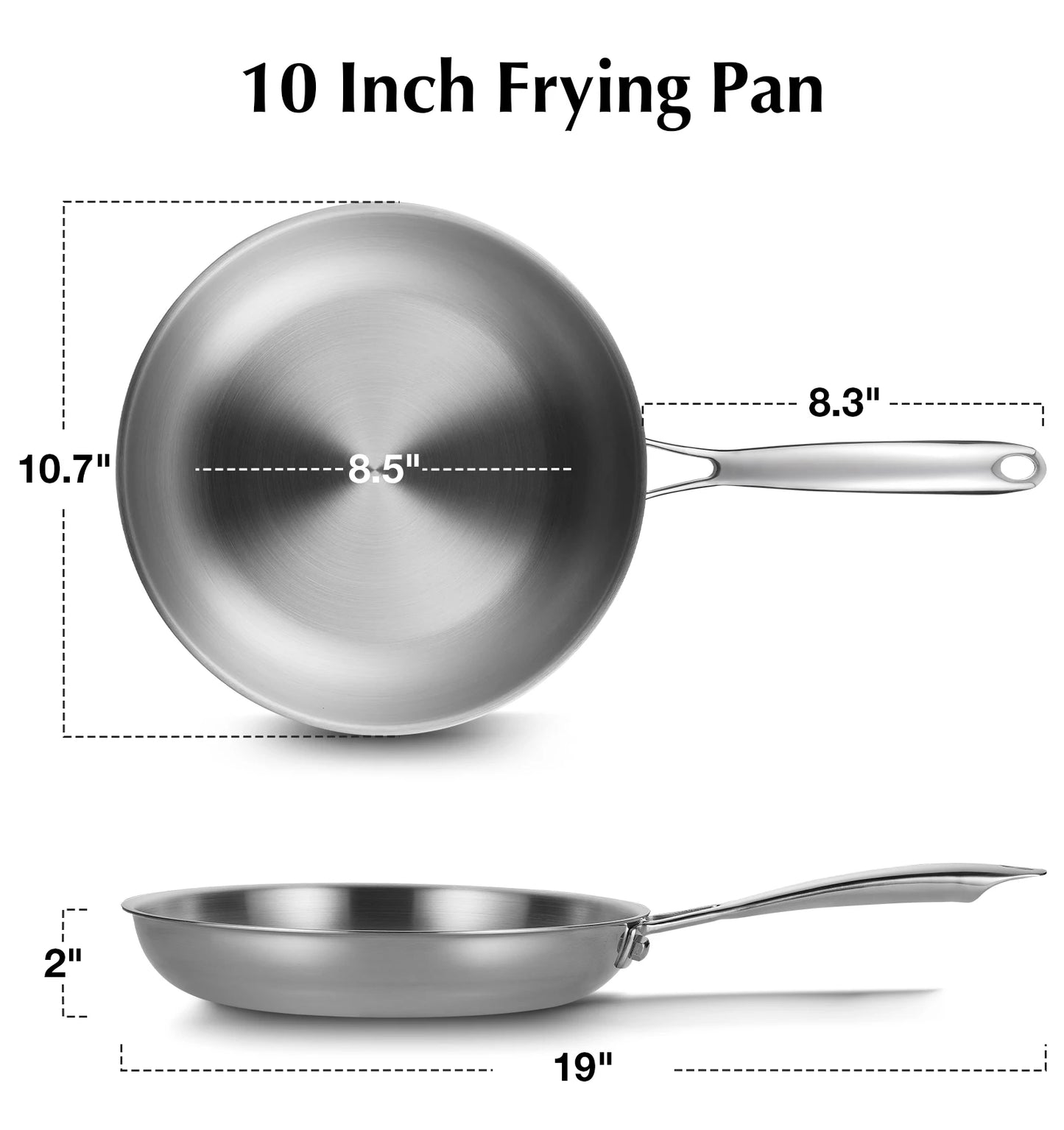 KOCH SYSTEME CS Stainless Steel Pan 10 Inch, Tri-Ply Stainless Steel Frying Pan with Stay-Cool Handle, Oven Safe