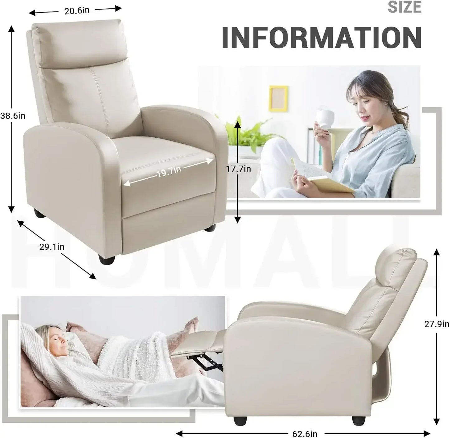 Recliner Chair, Recliner Sofa PU Leather for Adults, Recliners Home Theater Seating with Lumbar Support, (Leather, Beige)