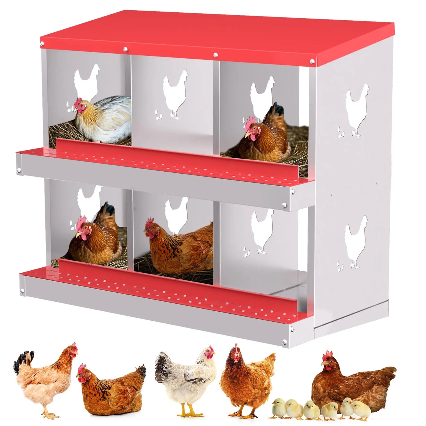 Nesting Boxes for Chickens, 6 Compartment Chicken Nesting Box with Elevated Metal Legs, Metal Chicken Laying Boxes with Perch, S