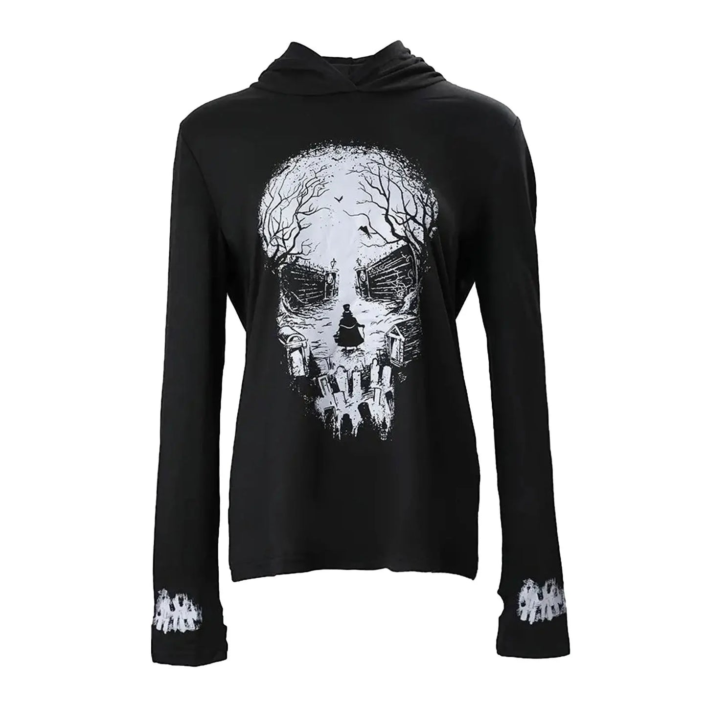 Women s Long Sleeve Halloween Skull Print Hooded Hoodies Shirts Spring Fall Casual Tops Streetwear Fashion Pullover Sweatshirt