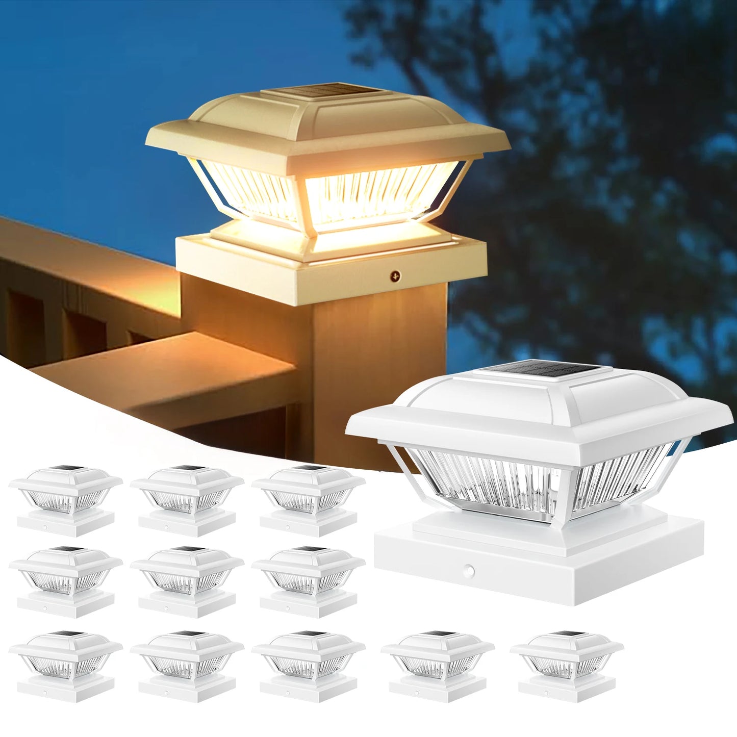 6/12 Pack Solar Post Cap Lights, White/Black, Fits 3.5x3.5-5.5x5.5 Posts for Garden/Fence/Deck/Yard