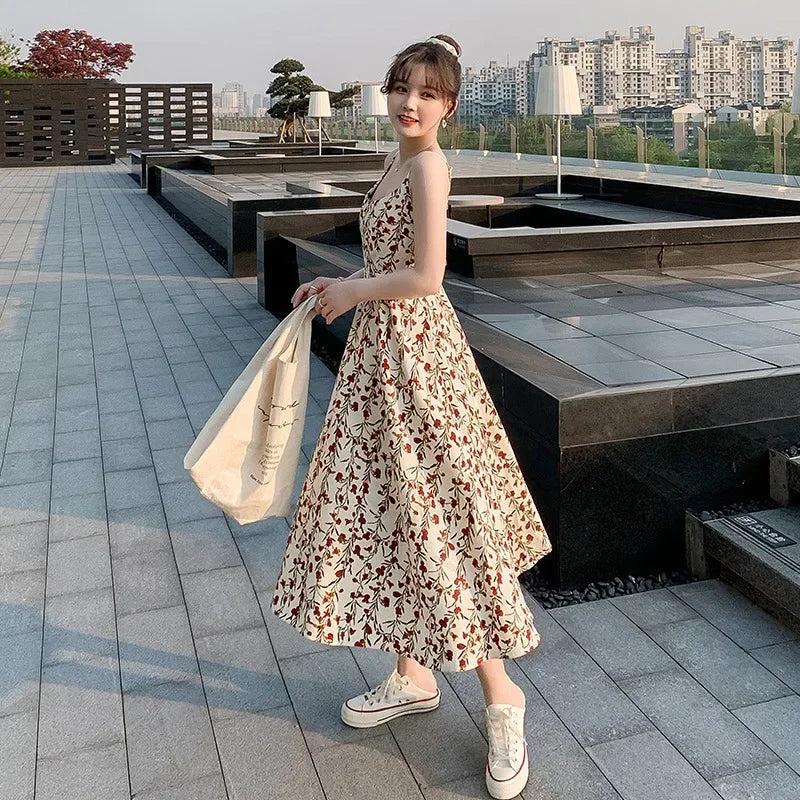 Floral Suspender Dress for Women with Waist Slim Summer Fresh 2025 New Long Skirt for Women