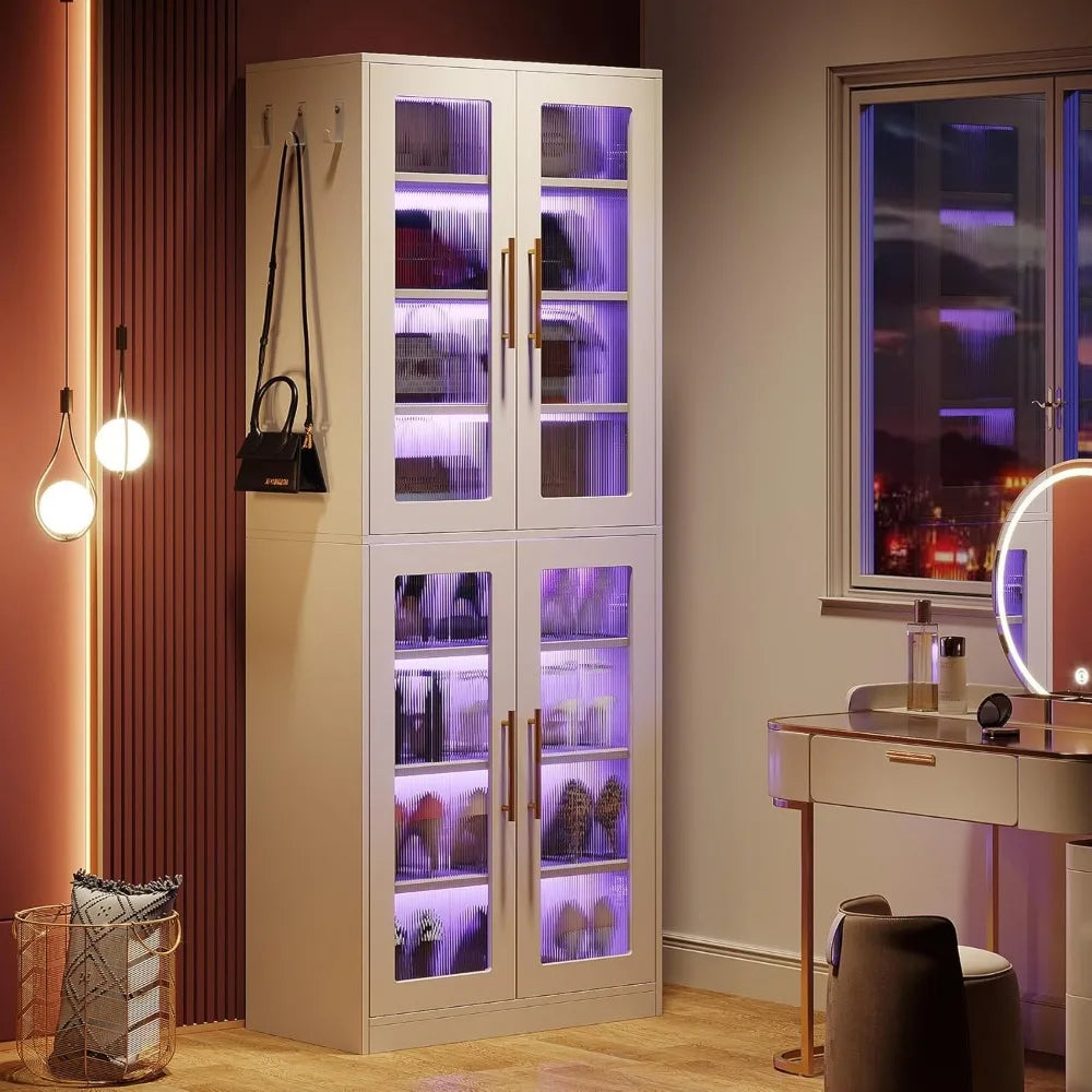 Tall Shoe Storage Cabinet with Acrylic Doors and LED Lights, 8-Tier Entryway Shoe Organizer Rack with Adjustable Shelves and Ha