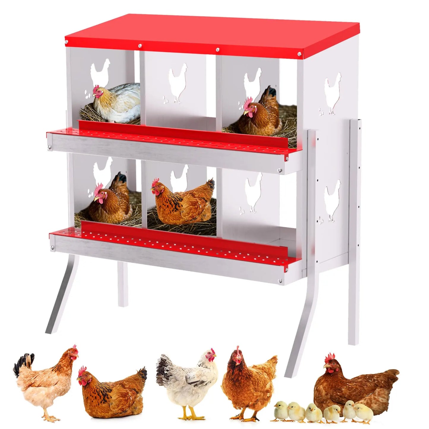 Nesting Boxes for Chickens, 6 Compartment Chicken Nesting Box with Elevated Metal Legs, Metal Chicken Laying Boxes with Perch, S