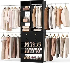 Closet System, 4-8.8 FT Closet Organizer with 2 Wooden Drawers and Shelves, Walk-in Closet System with 5 Hang Rods, Built-in Rea