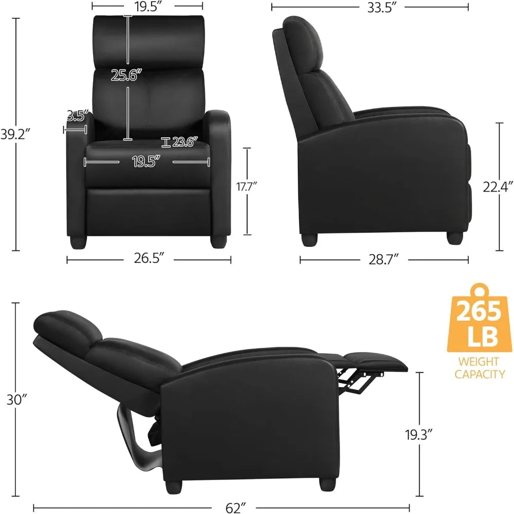 Recliner Chair PU Leather Recliner Sofa Home Theater Seating with Lumbar Support Overstuffed High-Density Sponge Push Back