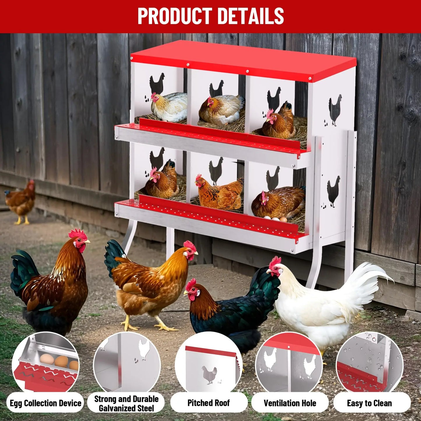 Nesting Boxes for Chickens, 6 Compartment Chicken Nesting Box with Elevated Metal Legs, Metal Chicken Laying Boxes with Perch, S