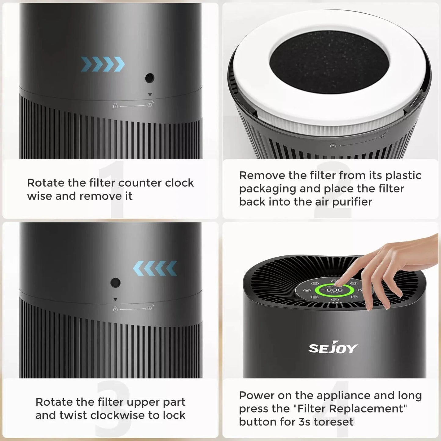 SEJOY 3 Speed HEPA Air Purifier Air Fresh for Home Allergies Dust Pollen CARB Approved Real-Time Air Quality Monitor