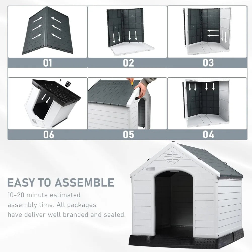 Durable Waterproof Plastic Dog House for Small to Large Sized Dogs, Indoor Outdoor Doghouse Puppy Shelter with Elevated Floor