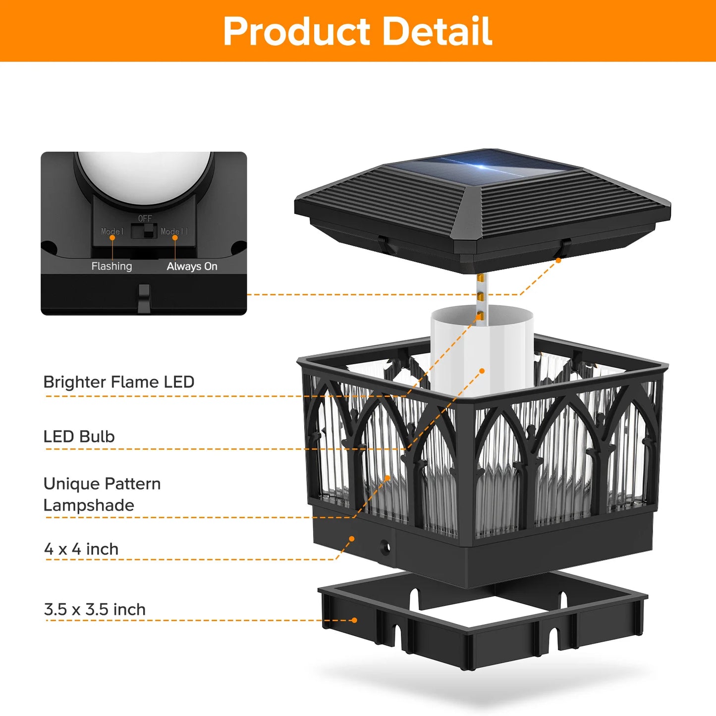 4 Pack Solar Flame Post Cap Lights, 2 Modes (Flame/Warm), IPX5, Fit 3.5x3.5/4x4 Posts, for Deck/Fence/Yard, Vinyl/Wooden