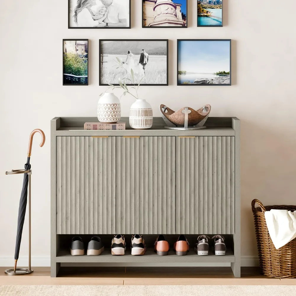 49.4" Fluted Shoe Cabinet, 3 Hinge Doors and 5 Shelves, Shoe Storage Organzier Rack with Handle for Entryway Hallway Bedroom Liv
