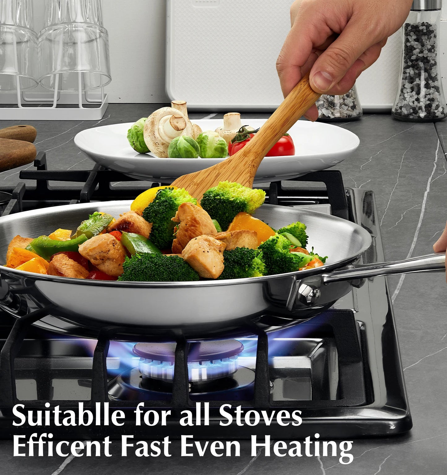 KOCH SYSTEME CS Stainless Steel Pan 10 Inch, Tri-Ply Stainless Steel Frying Pan with Stay-Cool Handle, Oven Safe