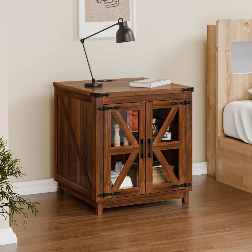 Farmhouse End Table, 24" Large Wood Square Nightstand with Doors, Sofa Side Table Set of 2 with Charging Station Modern Nightst