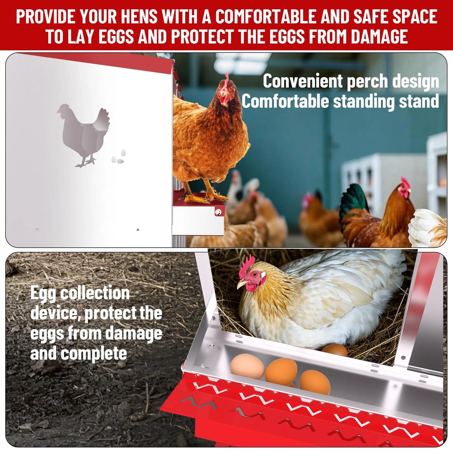 Nesting Boxes for Chickens, 6 Compartment Chicken Nesting Box with Elevated Metal Legs, Metal Chicken Laying Boxes with Perch, S