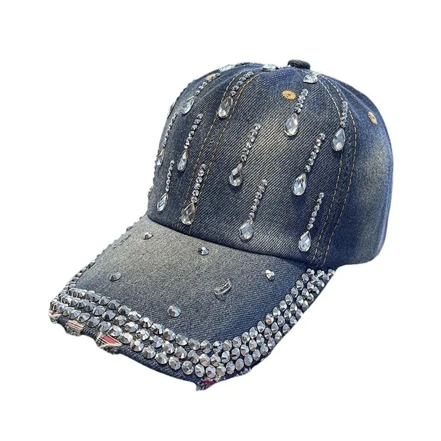 2025 Summer New Women'S Denim Diamond Baseball Cap Casual Fashion Duckbill Cap Sun Hat Strap Adjustable