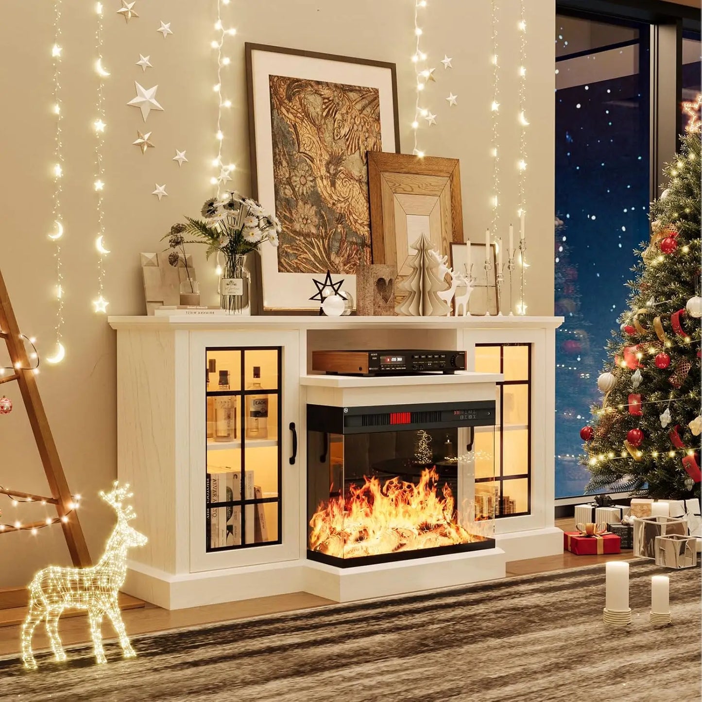 59"Glass Fireplace TV Stand w/ 3-Sided View - Holds 65" TVs | Adjustable Flame LED Colors & Glass Doors