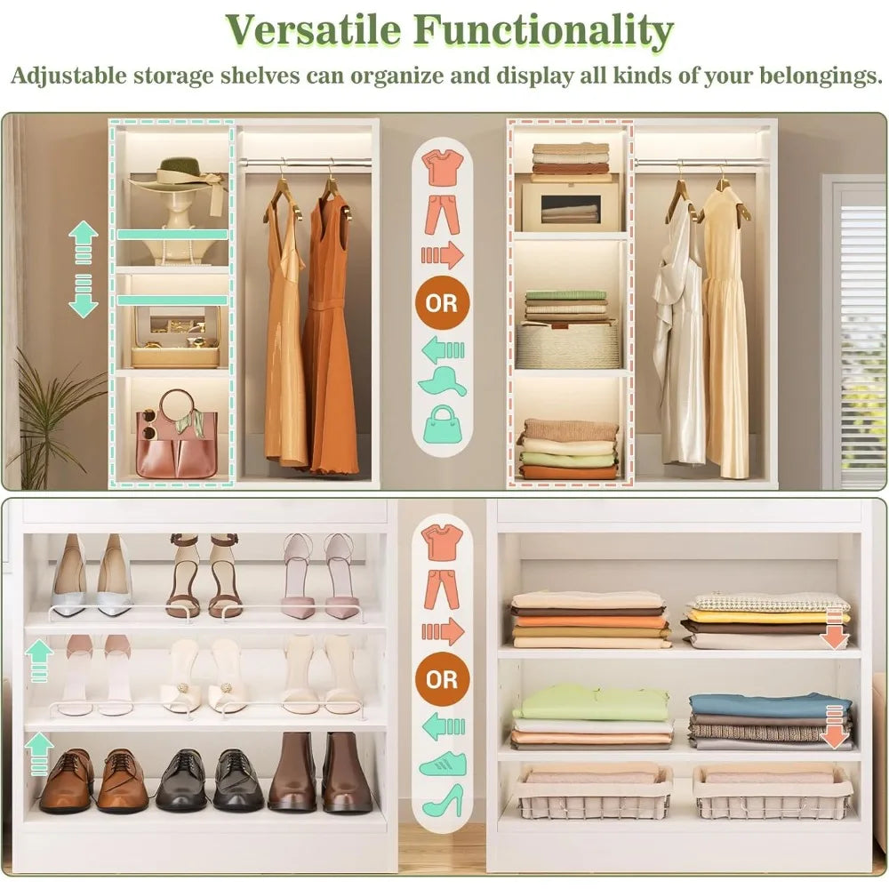 Closet System, 4-8.8 FT Closet Organizer with 2 Wooden Drawers and Shelves, Walk-in Closet System with 5 Hang Rods, Built-in Rea