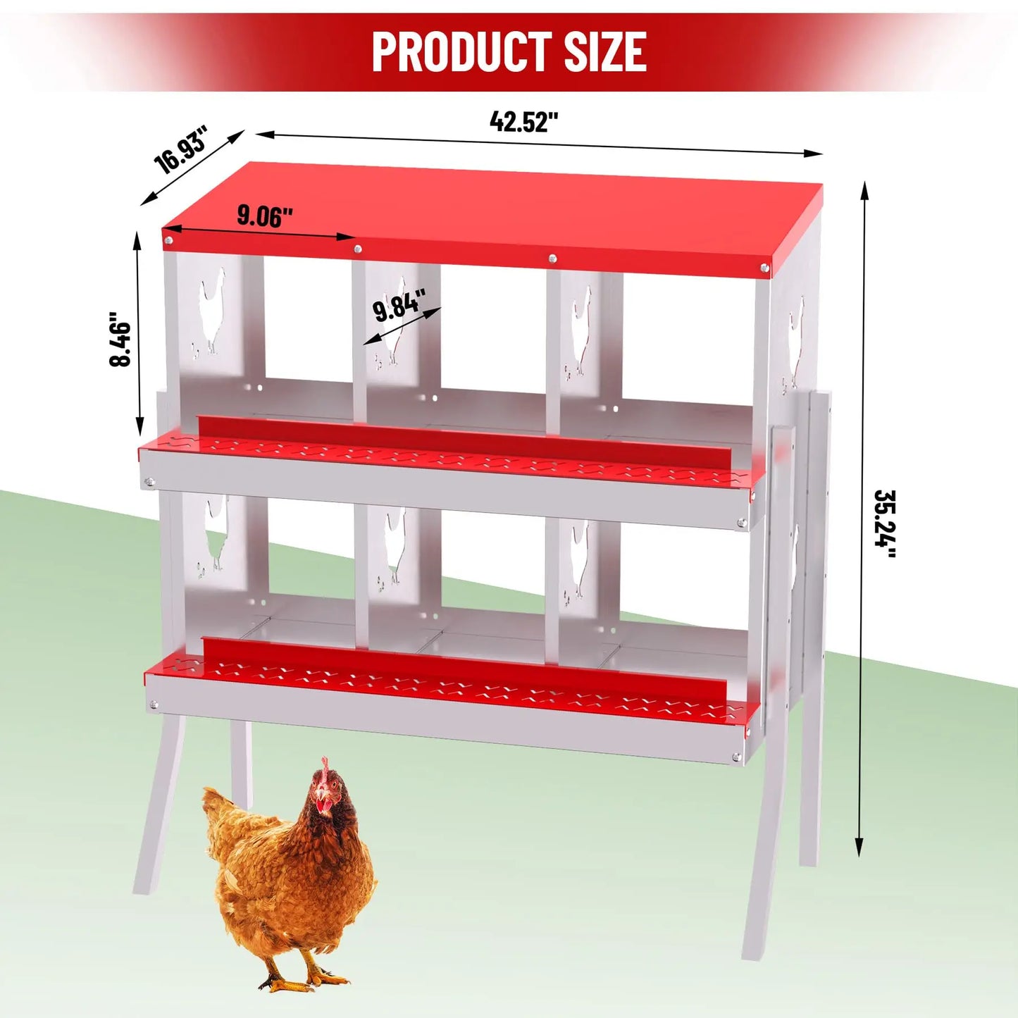 Nesting Boxes for Chickens, 6 Compartment Chicken Nesting Box with Elevated Metal Legs, Metal Chicken Laying Boxes with Perch, S