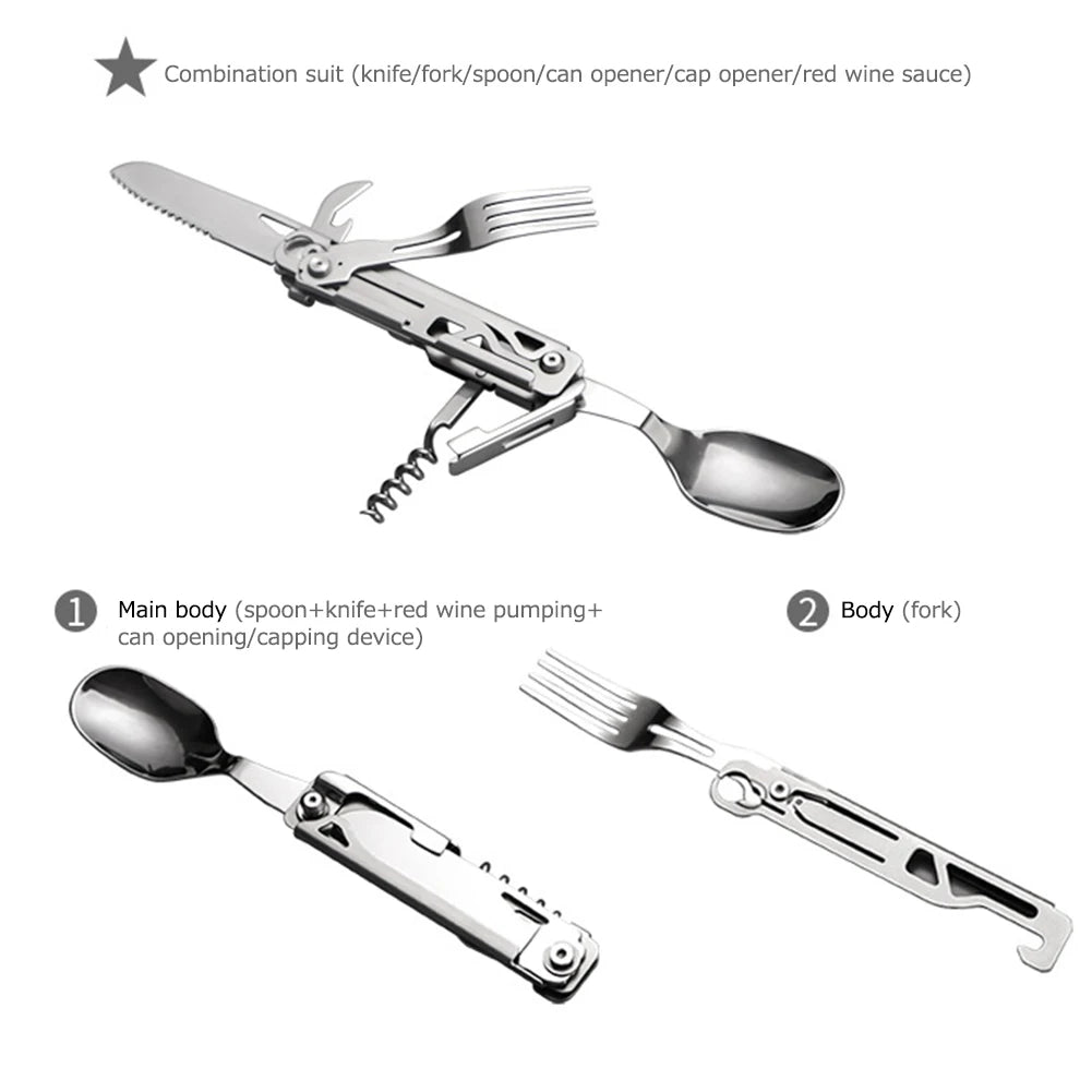 Six in One Multifunctional Foldable Camping Cutlery Set Portable Stainless Steel Outdoor Utensils for Picnic Hike Travel