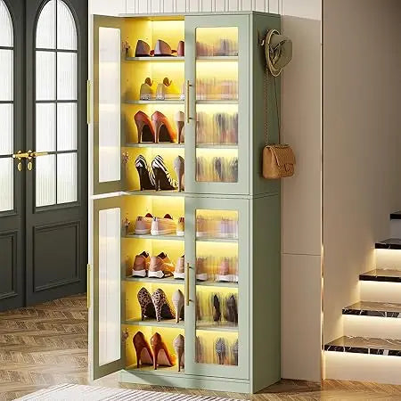 Tall Shoe Storage Cabinet with Acrylic Doors and LED Lights, 8-Tier Entryway Shoe Organizer Rack with Adjustable Shelves and Ha
