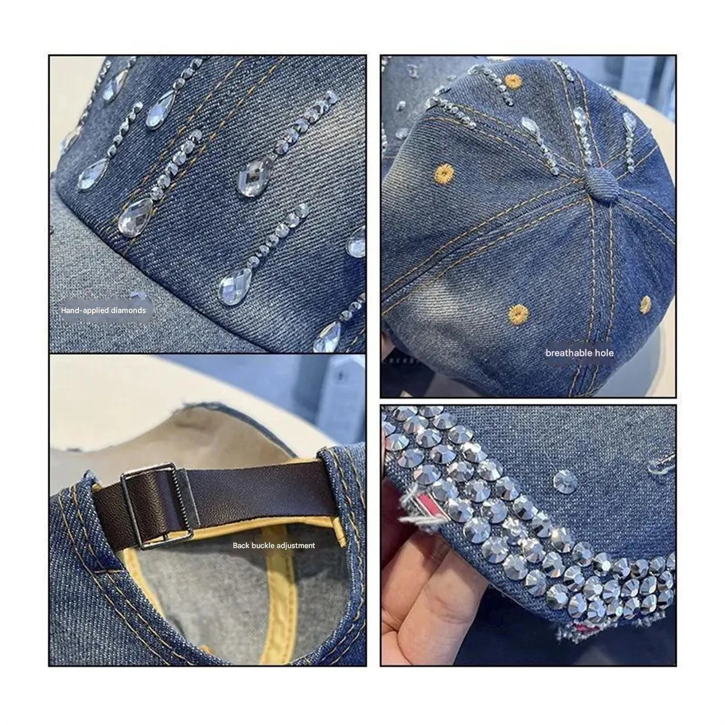 2025 Summer New Women'S Denim Diamond Baseball Cap Casual Fashion Duckbill Cap Sun Hat Strap Adjustable