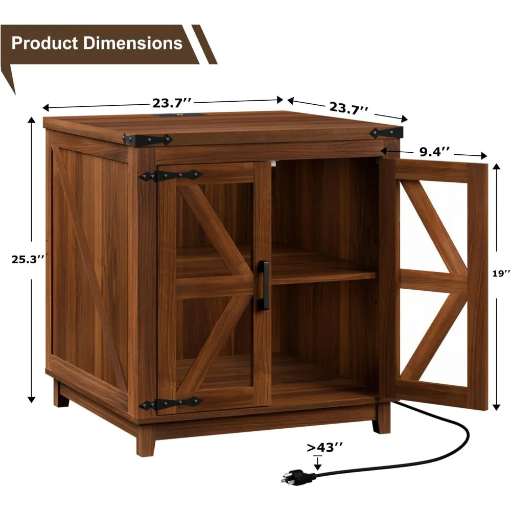 Farmhouse End Table, 24" Large Wood Square Nightstand with Doors, Sofa Side Table Set of 2 with Charging Station Modern Nightst