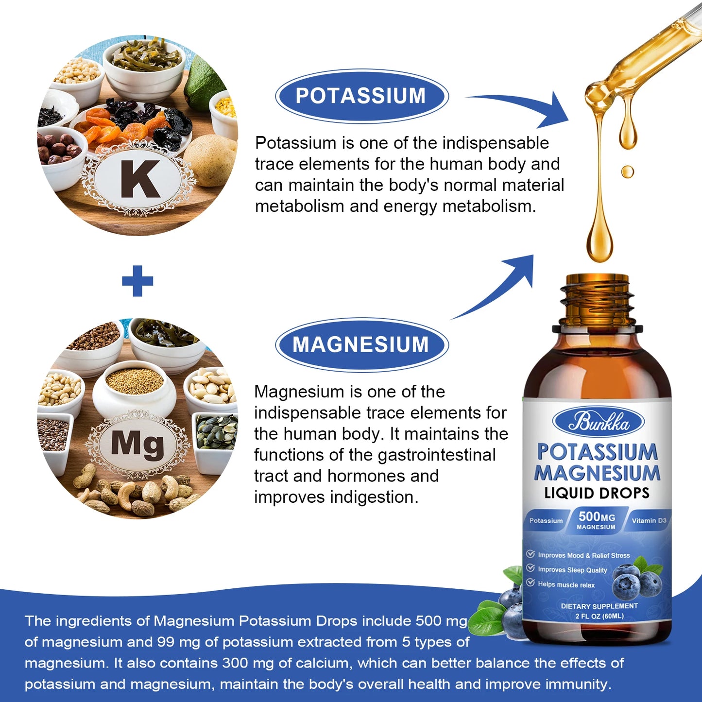 Potassium Magnesium Supplement Liquid High Absorption Calm Magnesium Complex 500mg Potassium 99mg Calcium Vitamin D3 Zinc
