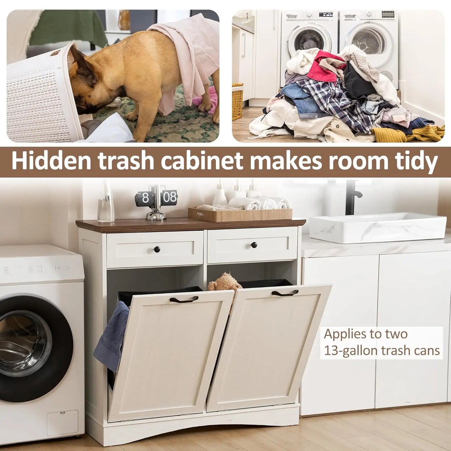Double Tilt Out Trash Cabinet Freestanding Kitchen Trash Cabinet, 2x13 Gallons Hidden Garbage Recycling Cabinet with Hideaway