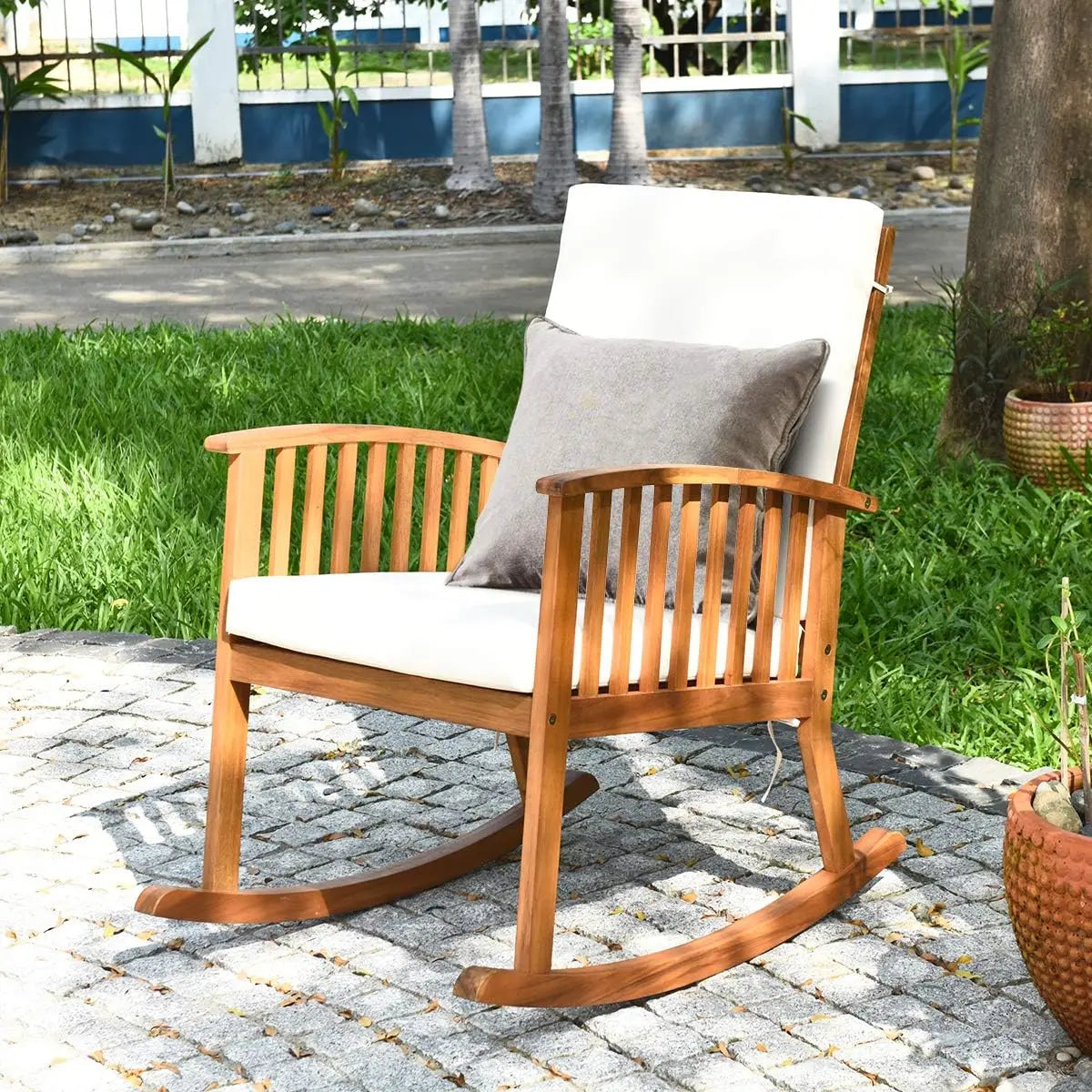 Outdoor Acacia Wood Rocking Chair, Wooden Rocker w/Detachable Washable Cushions, Rocker for Porch Garden Patio Balcony