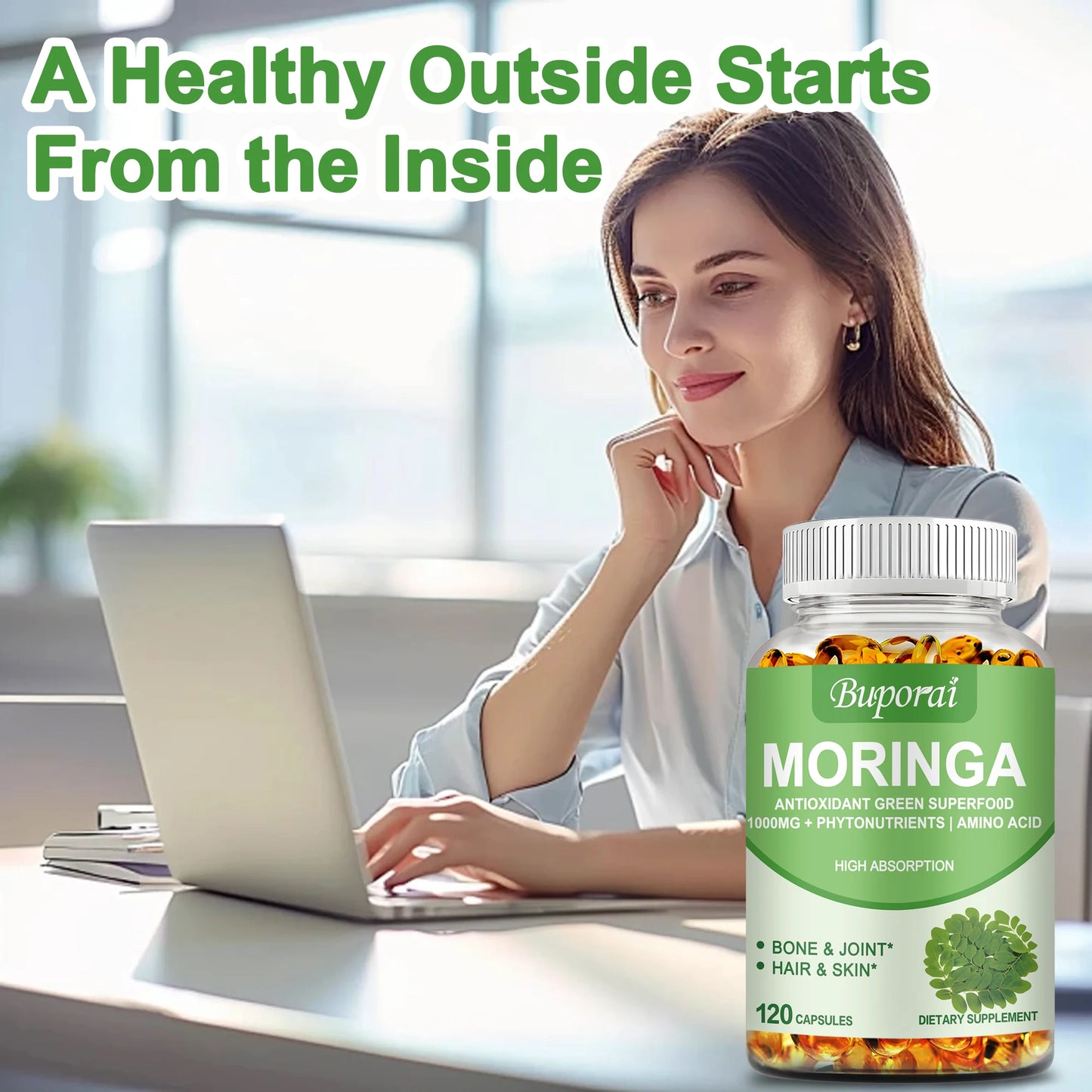 Moringa Immune System Energy and Metabolism Natural Anti-Inflammatory Helps Detox and Fat Burn 120 Capsules
